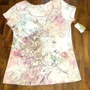 B Friends Original Vintage Wear Pastel Floral Short Sleeve Scoop Neck Top XL
